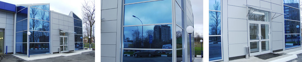 Остекление фасадов магазинов большими стеклопакетами Пересвет